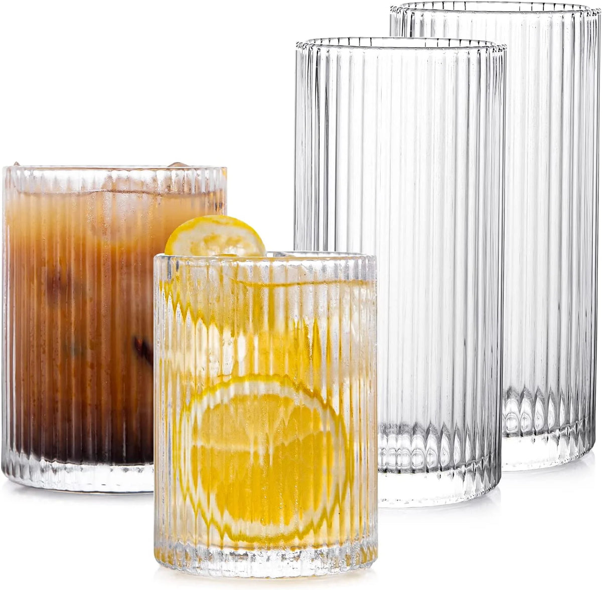Set of 4 Origami Style Glass Cups, 2 Highball & 2 Rocks Glasses S5346