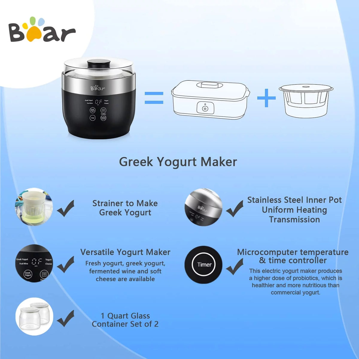 Greek Stainless Steel Yogurt Maker 2 Glass Jars D211