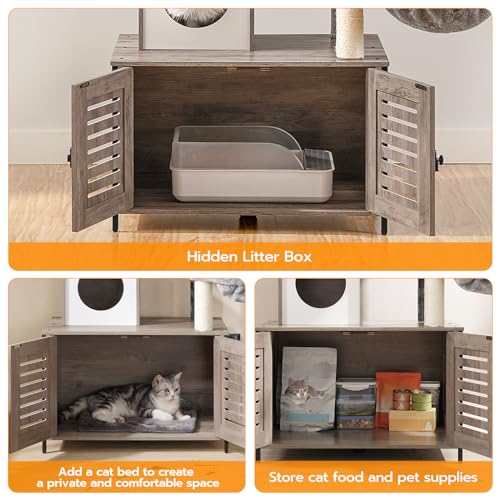 Greige Wooden Cat Tree with Litter Box Enclosure, 27.6" L x 18.9" W x 52" H Y238288