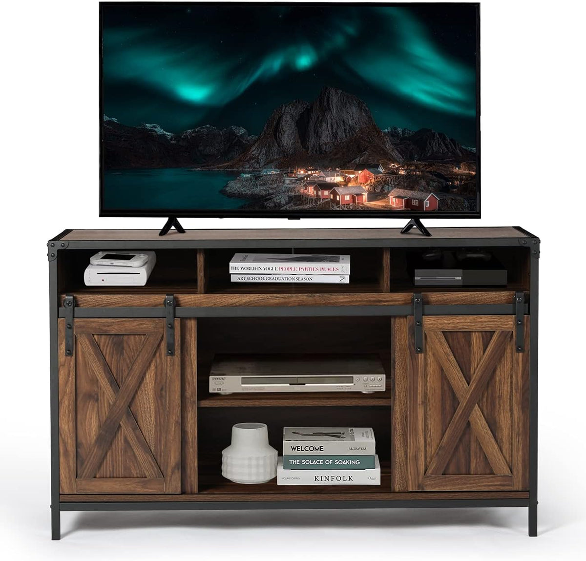 Barn Door Wood Electric Fireplace TV Stand with Storage Cabinets and Infrared Heater Y336