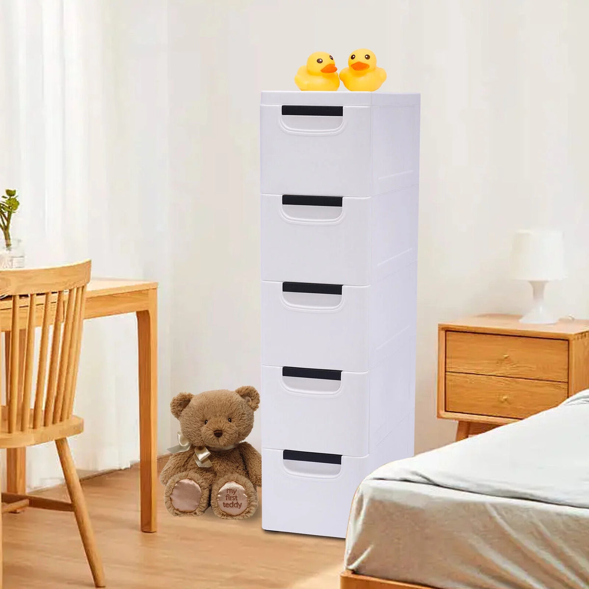 White Narrow Plastic 5 Drawer Dresser with Wheels N860