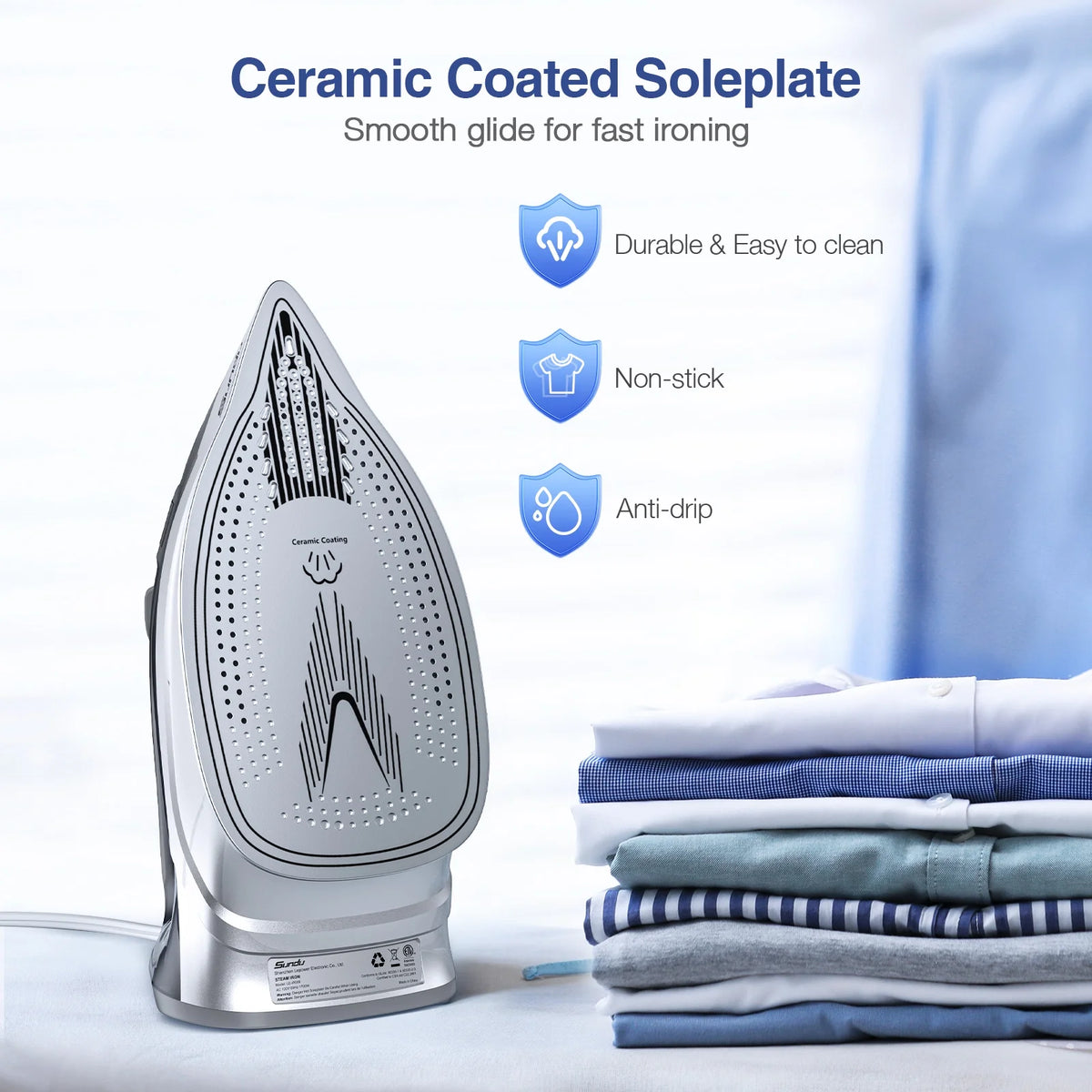 Blue 1700W Steam Iron with Ceramic Coated Soleplate W3519