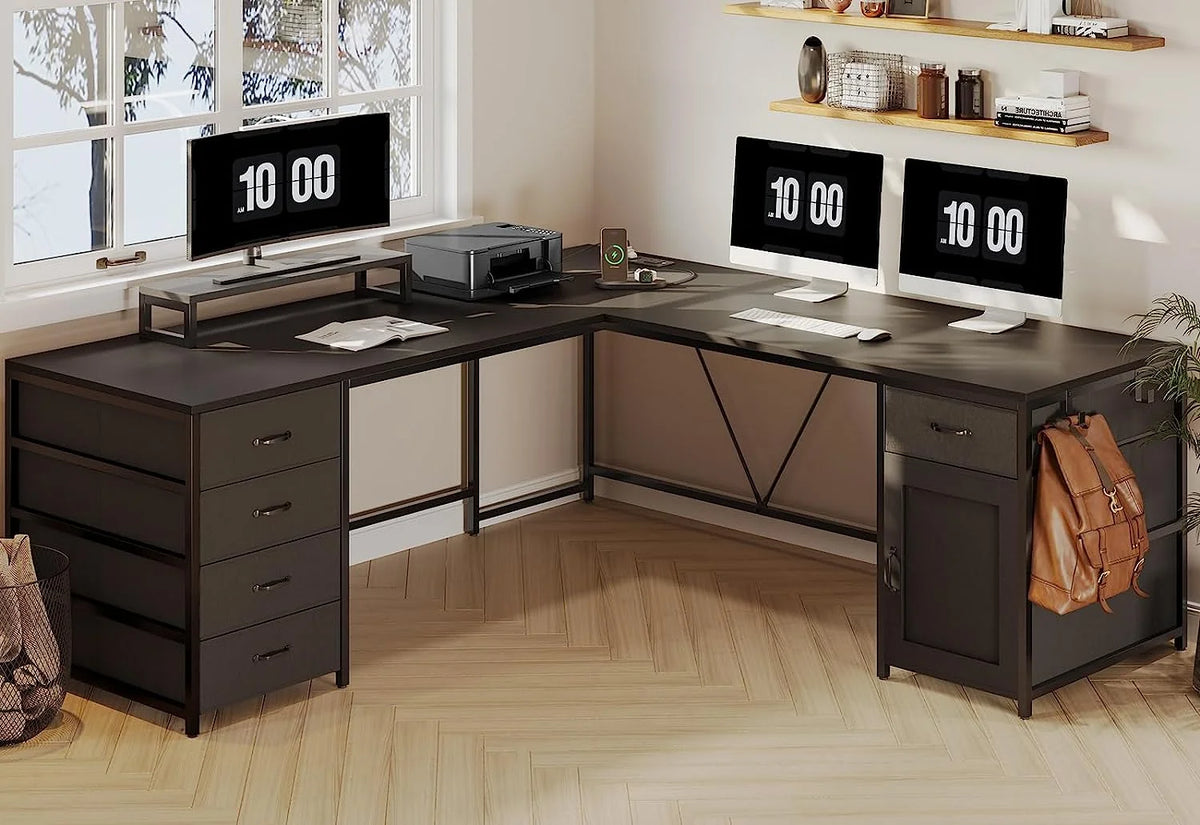 Black L Shaped Computer Desk with Power Outlet, 5 Drawers H81925