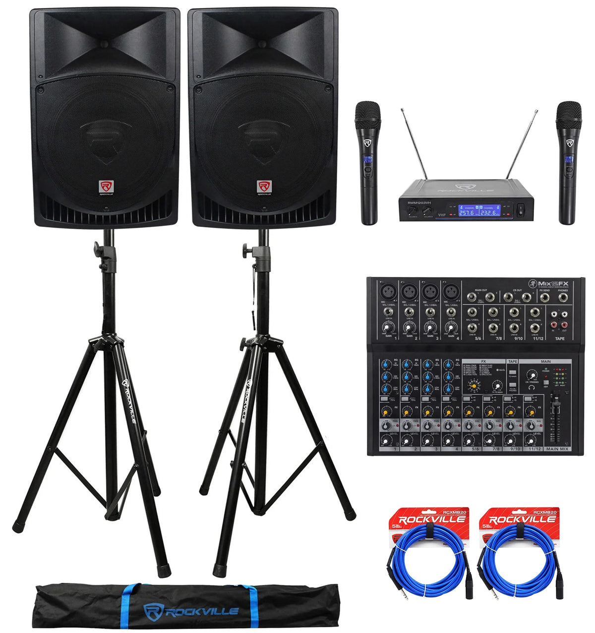 15" 2000w Active PA/DJ Speakers with Mixer, Mic, Stands, Cables, Bag A6868
