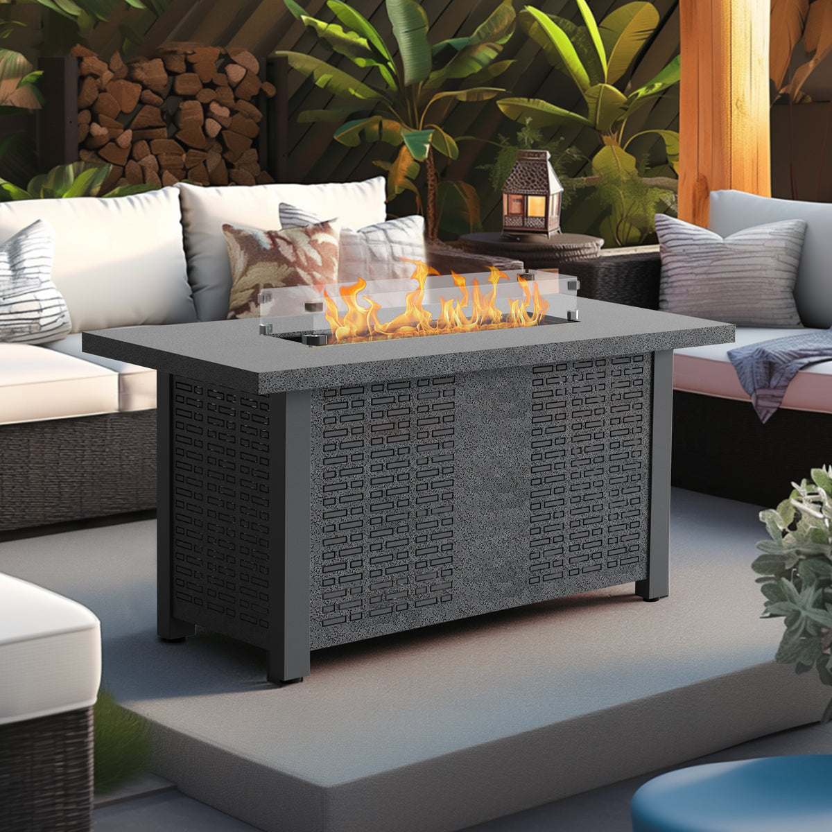 42 inch 50,000 BTU Rectangle Propane Gas Fire Pit Table with Lid, Glass Wind Guard, Waterproof Cover, Lava Rocks - Steel Z32122