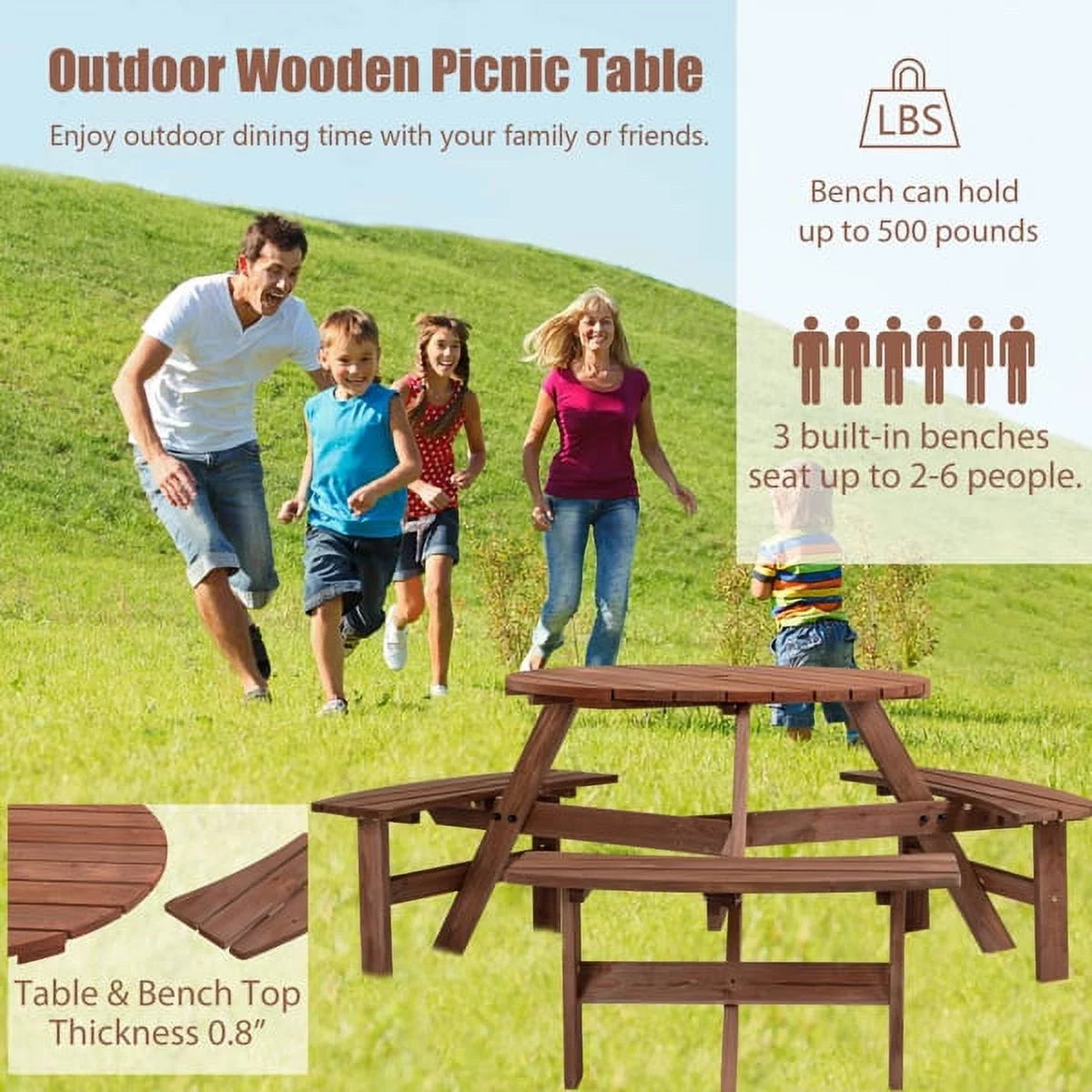 6-Person Circular Wooden Picnic Table with 3 Built-in Benches H5022