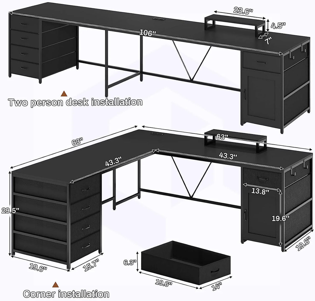 Black L Shaped Computer Desk with Power Outlet, 5 Drawers H81925