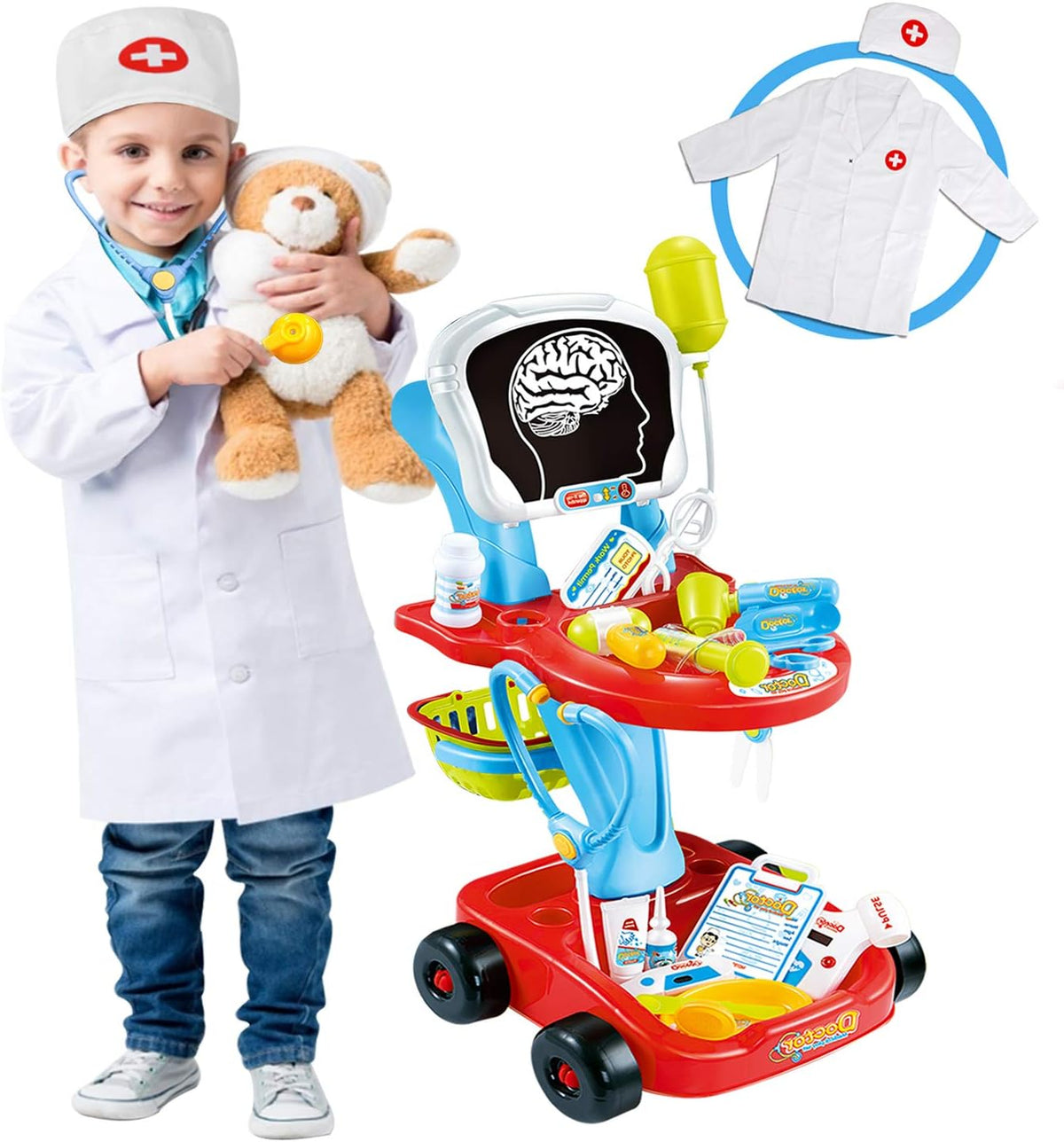 Doctor Cart Kit with Stethoscope Doctor Coat Light X-Ray Double-Decker Trolley Dress Up Doctor Costume Playset Toys P620907