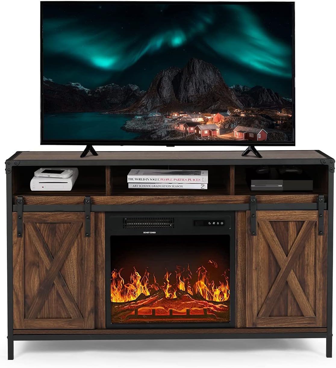 Barn Door Wood Electric Fireplace TV Stand with Storage Cabinets and Infrared Heater Y336