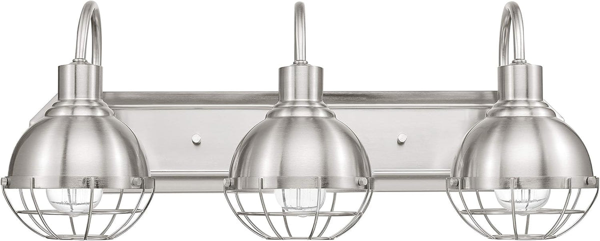 Brushed Nickel Metal Vanity Light with Cage Shades G9423