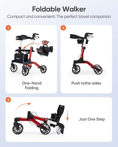 Red Foldable Aluminum Rollator Walker with Seat F599312