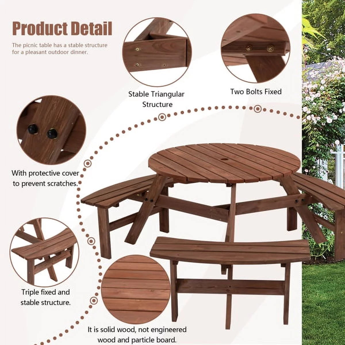 6-Person Circular Wooden Picnic Table with 3 Built-in Benches H5022