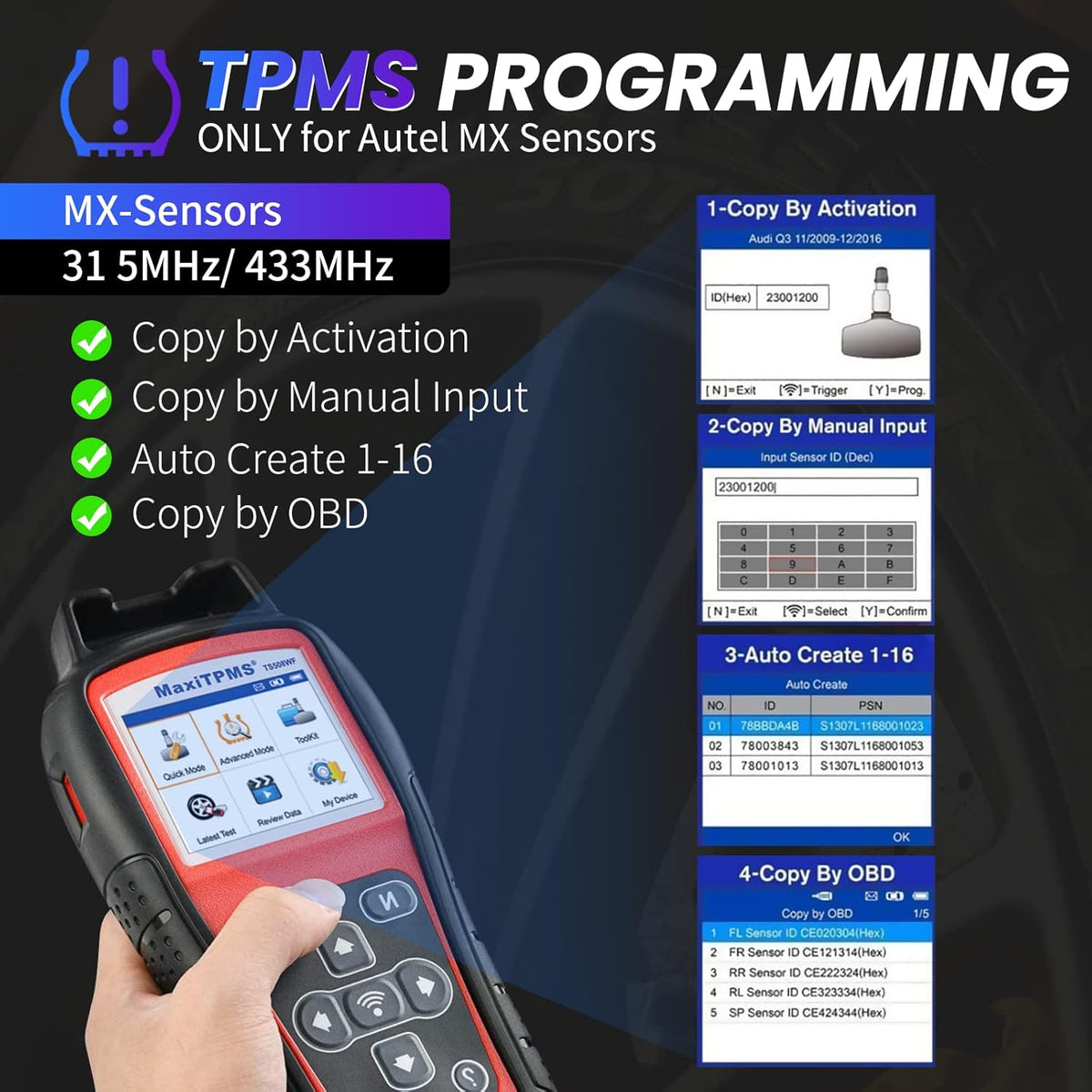 TPMS Tool with 4PCS 315+433MHz Sensors J575