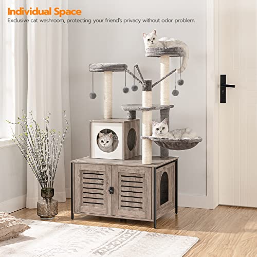 Greige Wooden Cat Tree with Litter Box Enclosure, 27.6" L x 18.9" W x 52" H Y238288