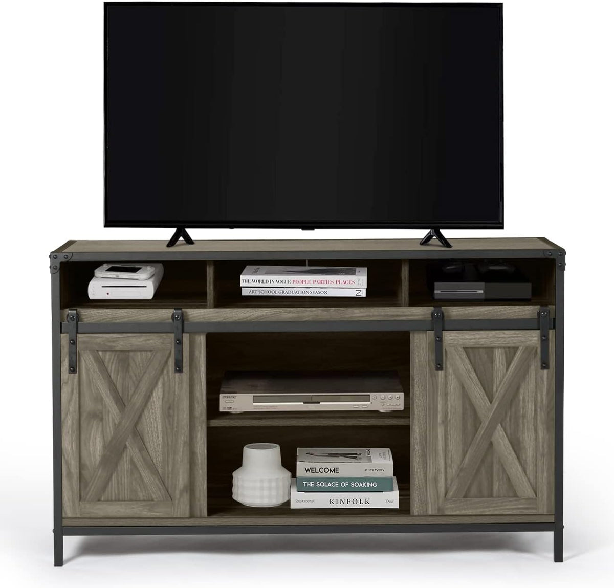 Barn Door Wood Electric Fireplace TV Stand with Storage Cabinets and Infrared Heater Y336