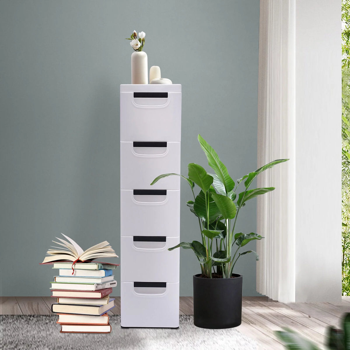 White Narrow Plastic 5 Drawer Dresser with Wheels N860