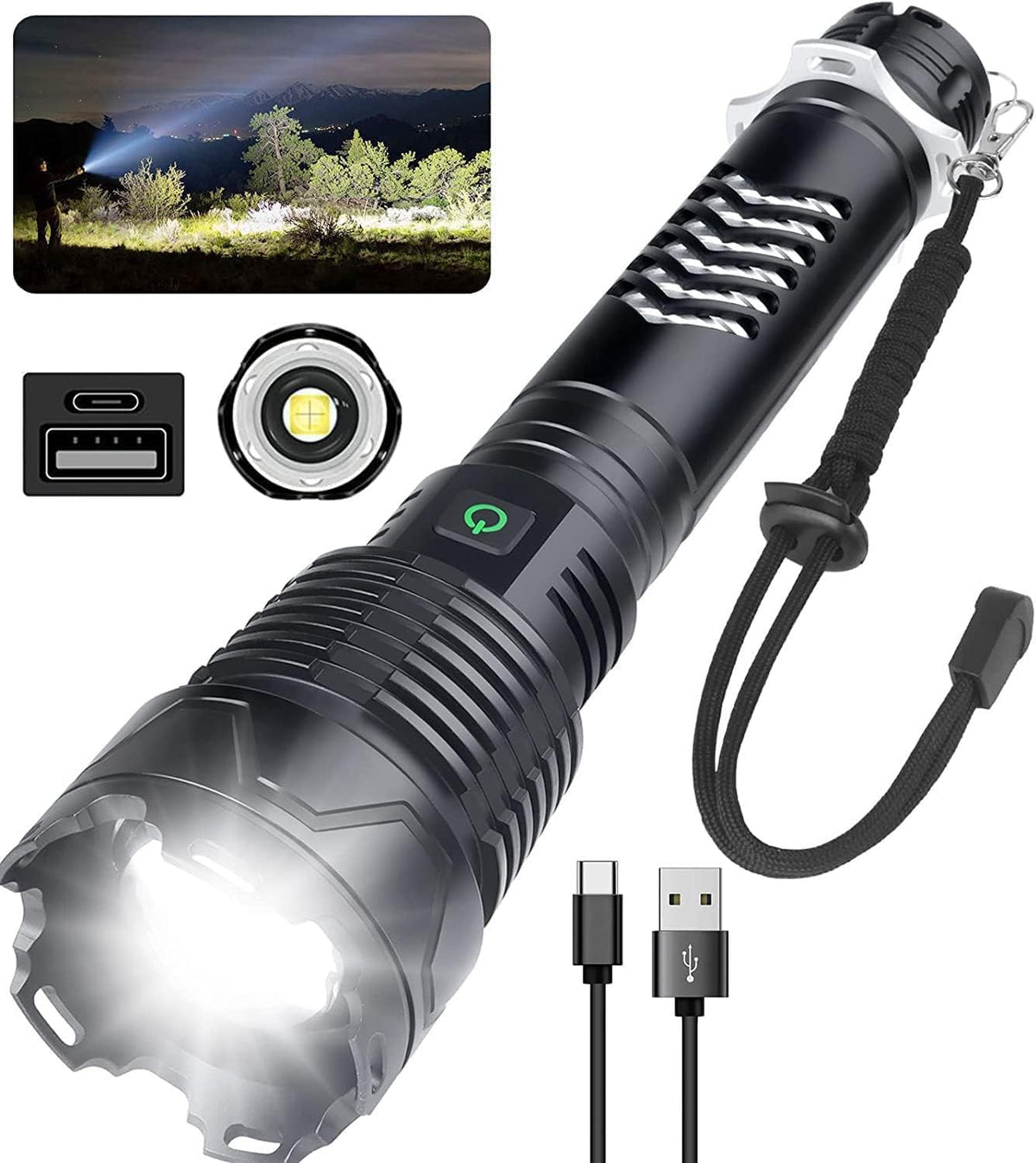 Rechargeable LED Tactical Flashlight, 120000 Lumen, USB Fast Charge, IPX6 Waterproof O715046