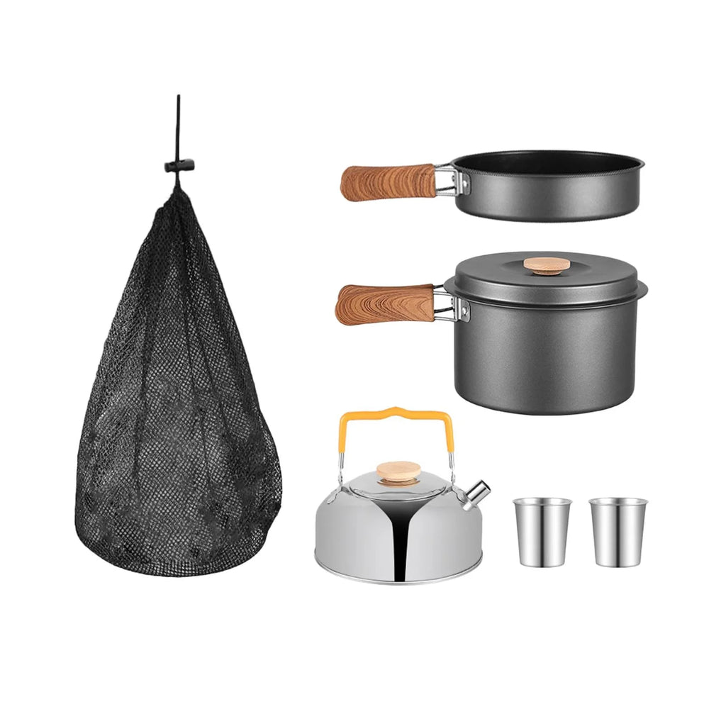 5x Gray Camping Cookware Set with Saucepan Drink Cup Pot Pan Kettle B518282