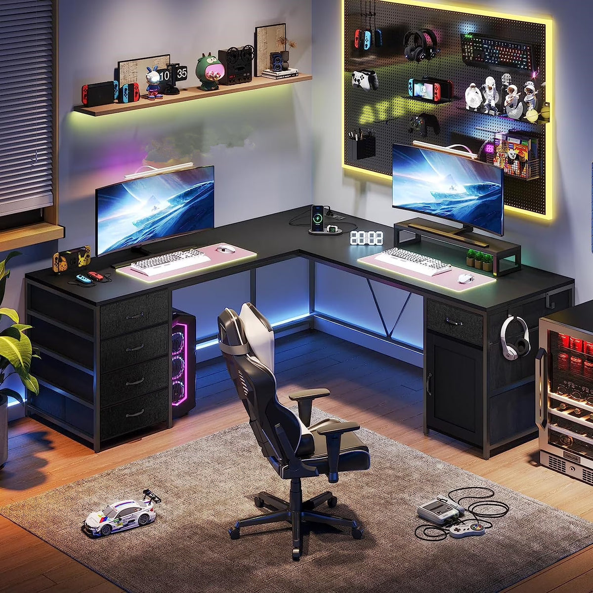 Black L Shaped Computer Desk with Power Outlet, 5 Drawers H81925
