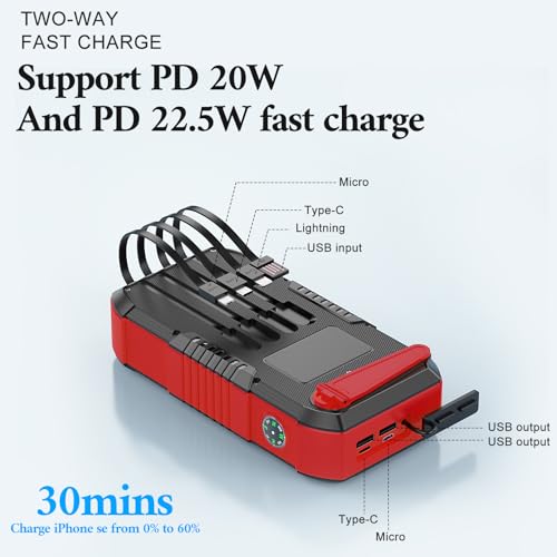 Solar Power Bank 66800mAh Hand Crank 4 Cables 22.5W Fast Charge Black D829