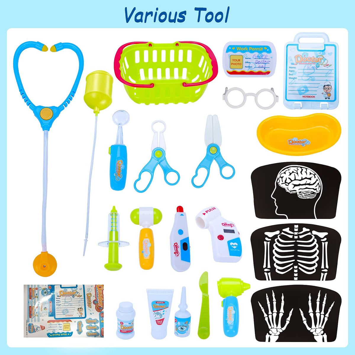 Doctor Cart Kit with Stethoscope Doctor Coat Light X-Ray Double-Decker Trolley Dress Up Doctor Costume Playset Toys P620907