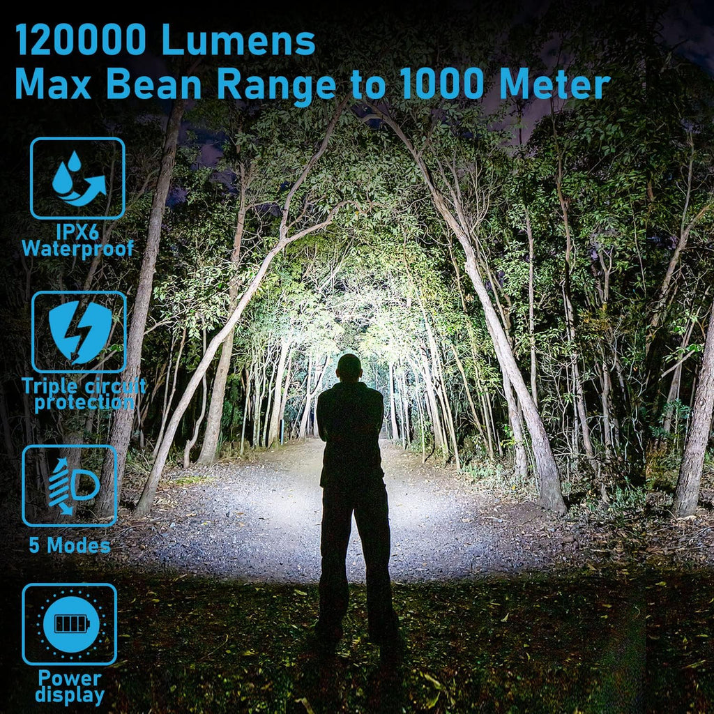 Rechargeable LED Tactical Flashlight, 120000 Lumen, USB Fast Charge, IPX6 Waterproof O715046