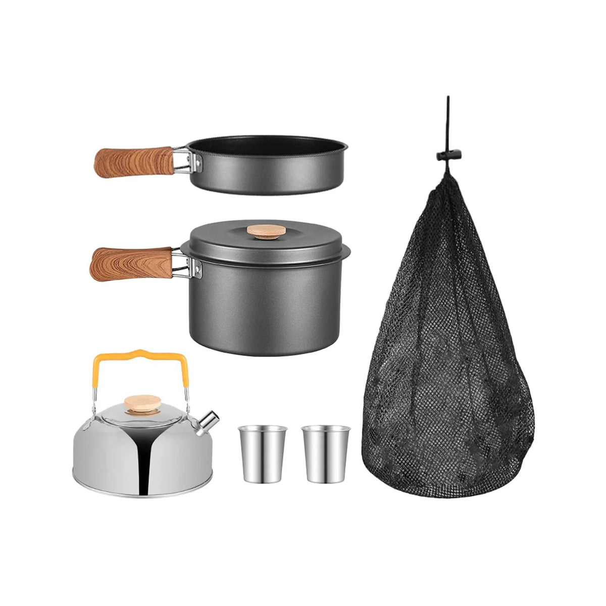 5x Gray Camping Cookware Set with Saucepan Drink Cup Pot Pan Kettle B518282