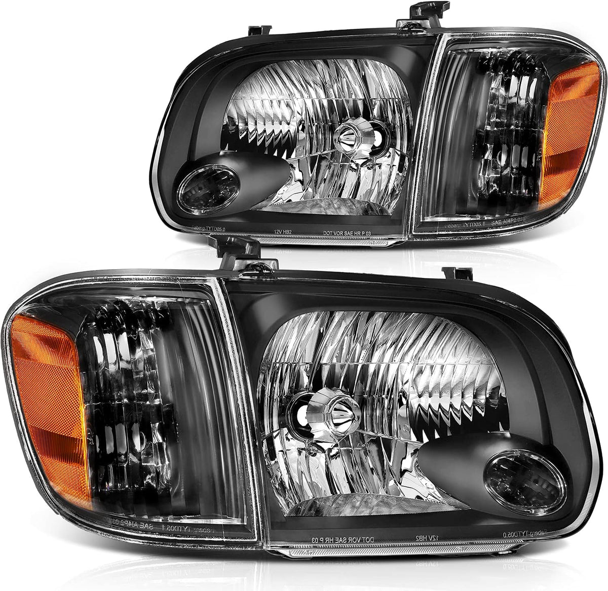 Headlight Assembly Pair Black Housing Amber Reflector Clear Lens N408584