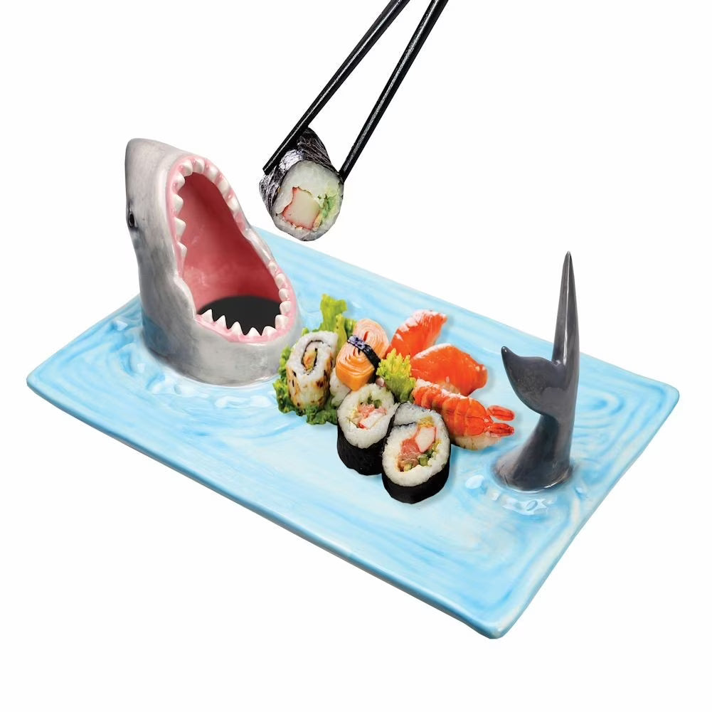 Shark Attack Sushi Plate, Hand-Painted Ceramic Serving Tray with Soy Sauce Holder and Chopsticks Rest D30283