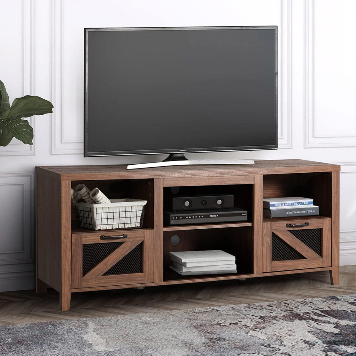 Barn Door Wood Electric Fireplace TV Stand with Storage Cabinets and Infrared Heater Y336