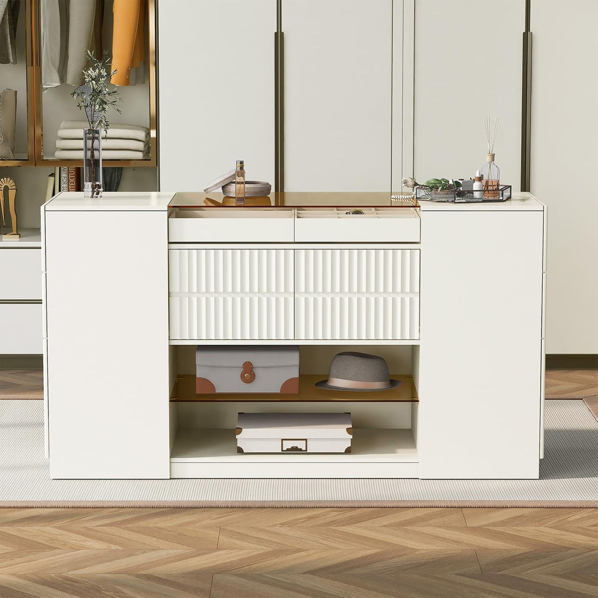Glass Top Wooden Closet Island with 6 Drawers 3 Cabinets A7680