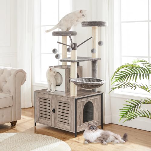 Greige Wooden Cat Tree with Litter Box Enclosure, 27.6" L x 18.9" W x 52" H Y238288
