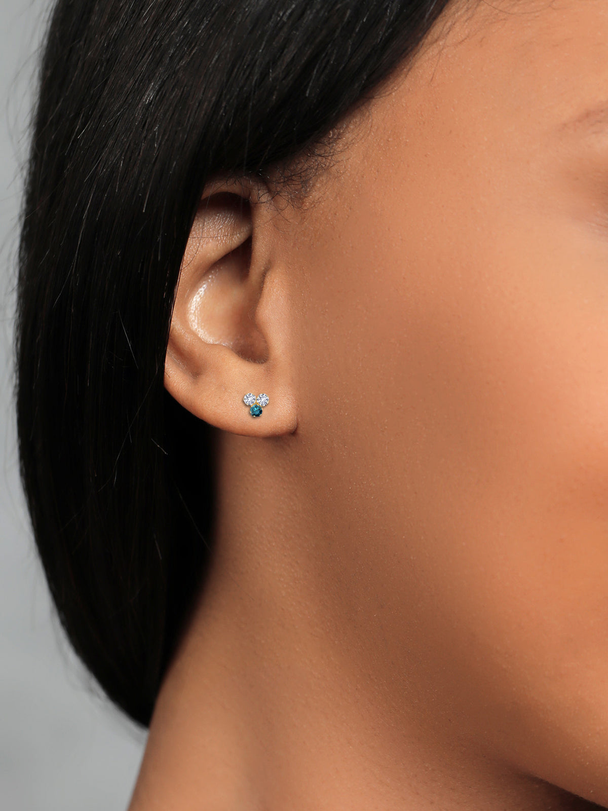 14K Yellow Gold White Created Sapphire and Blue Diamond Three Stone Stud Earrings W209170