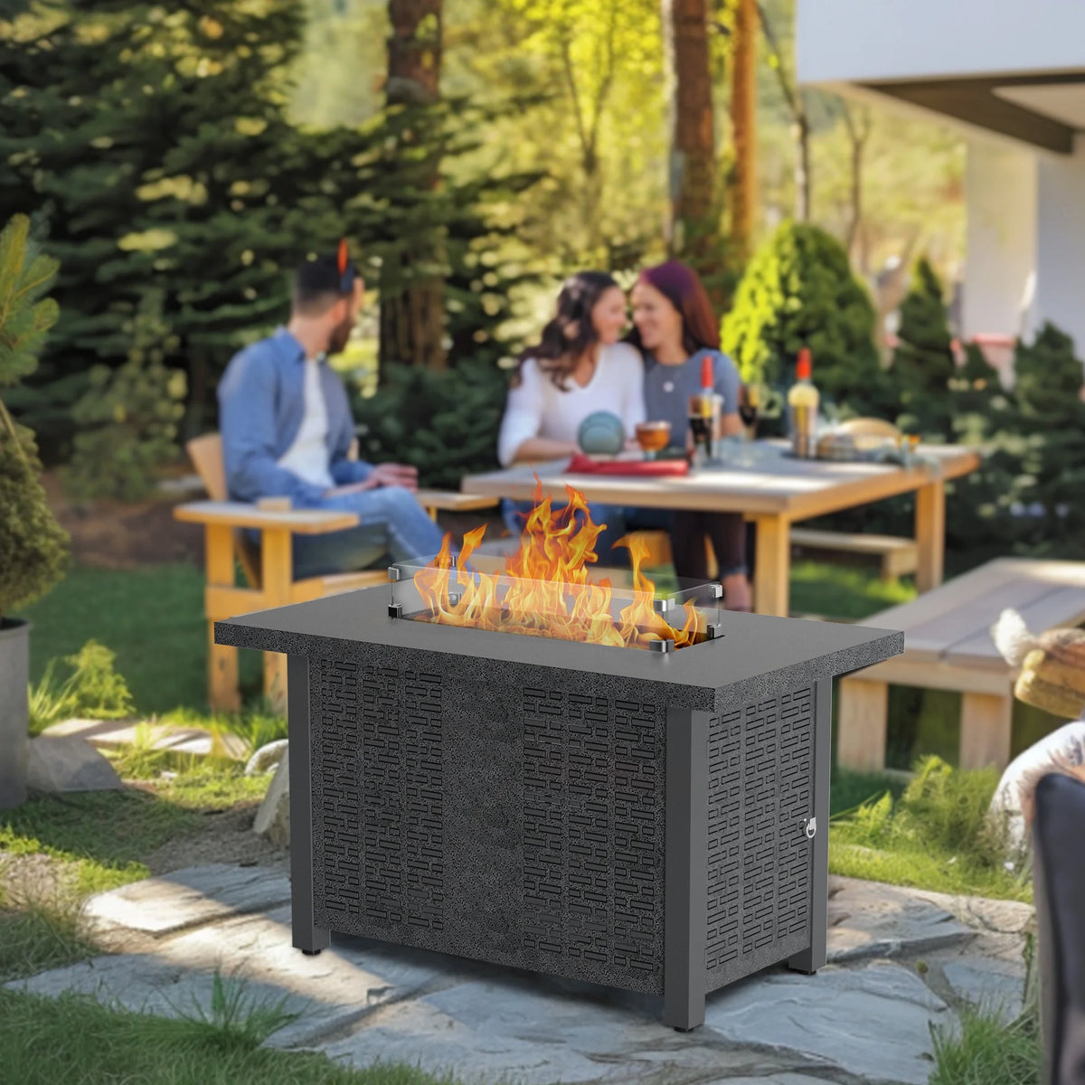 42 inch 50,000 BTU Rectangle Propane Gas Fire Pit Table with Lid, Glass Wind Guard, Waterproof Cover, Lava Rocks - Steel Z32122