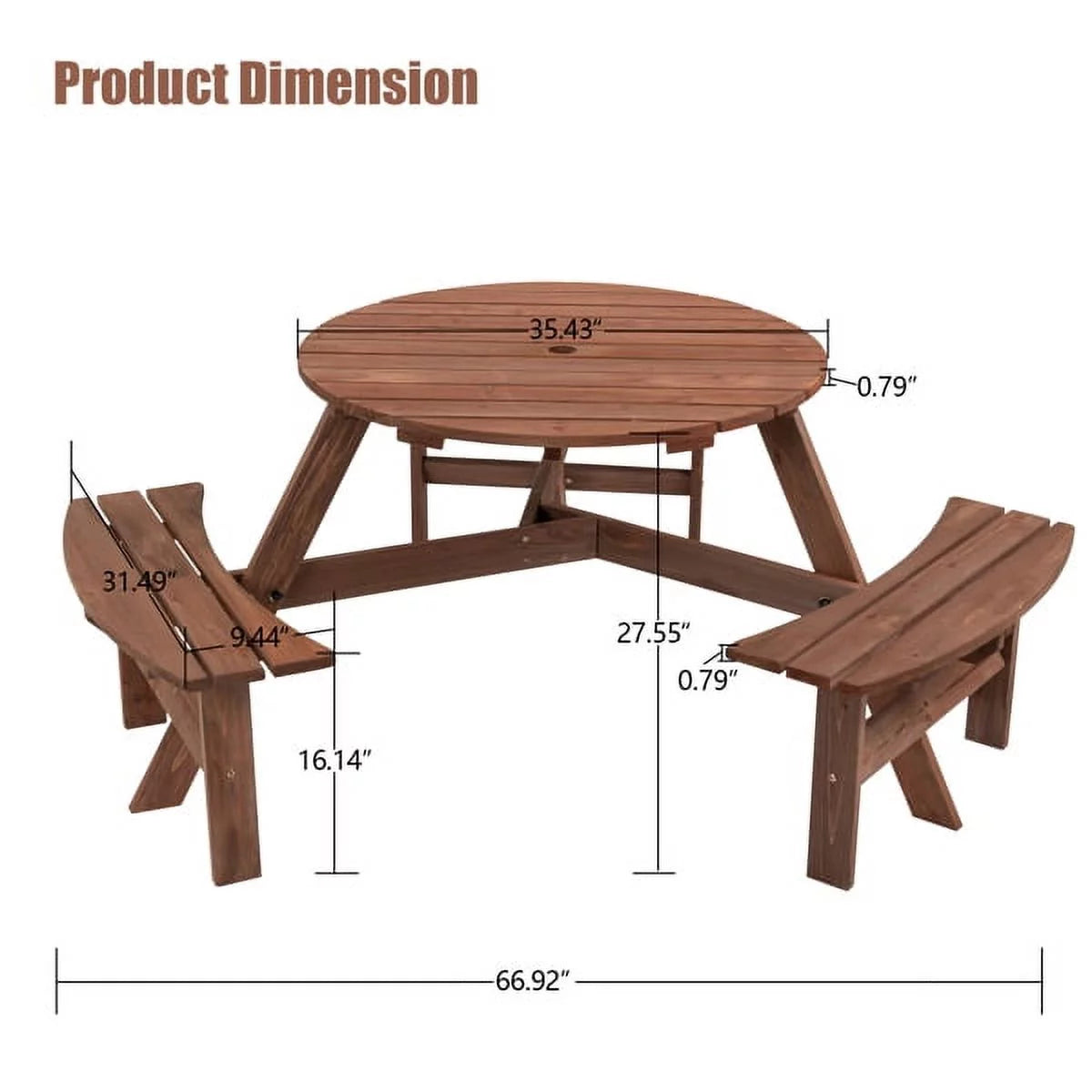 6-Person Circular Wooden Picnic Table with 3 Built-in Benches H5022