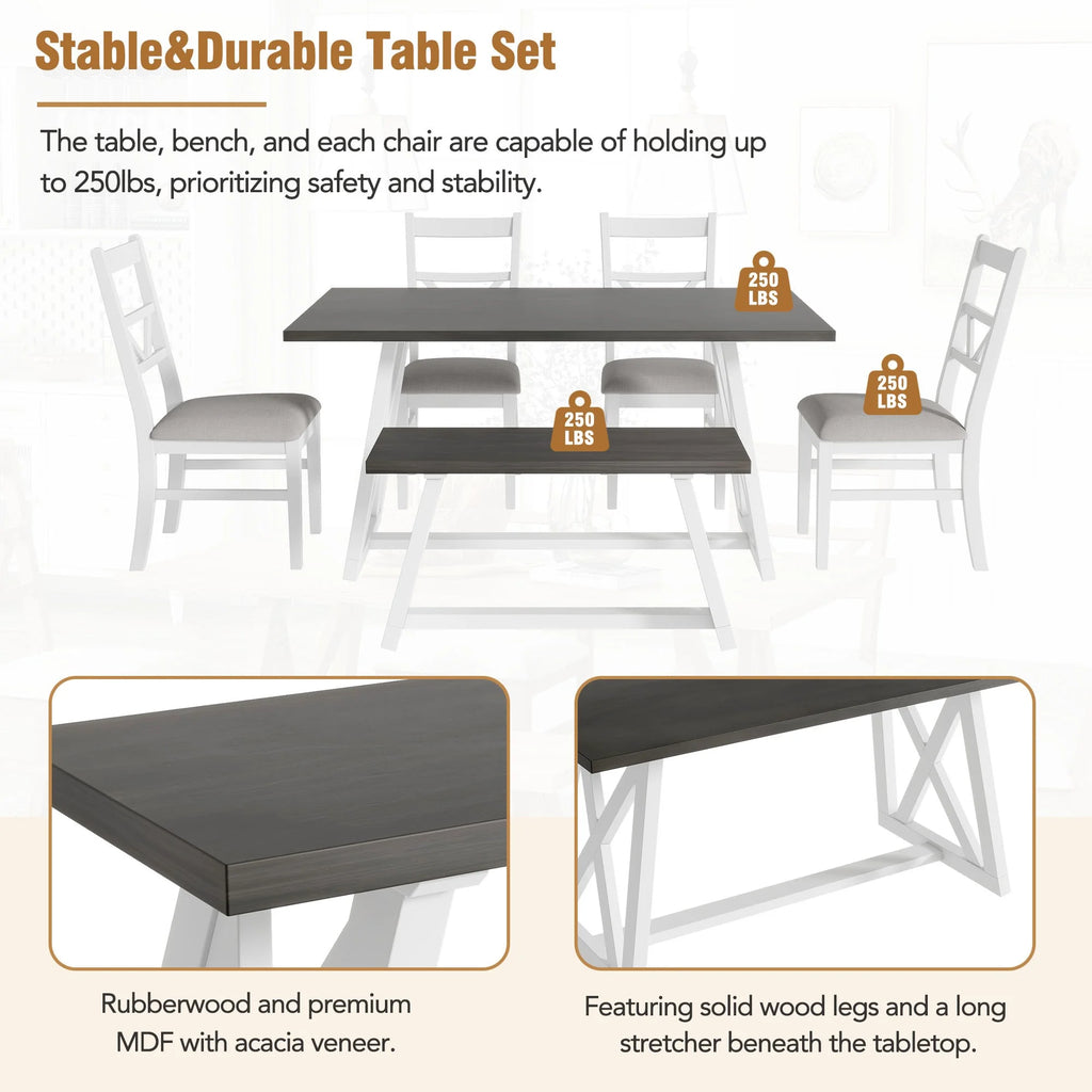 6-Piece Solid Wood Dining Table Set with 4 Upholstered Chairs & 1 Bench J8423