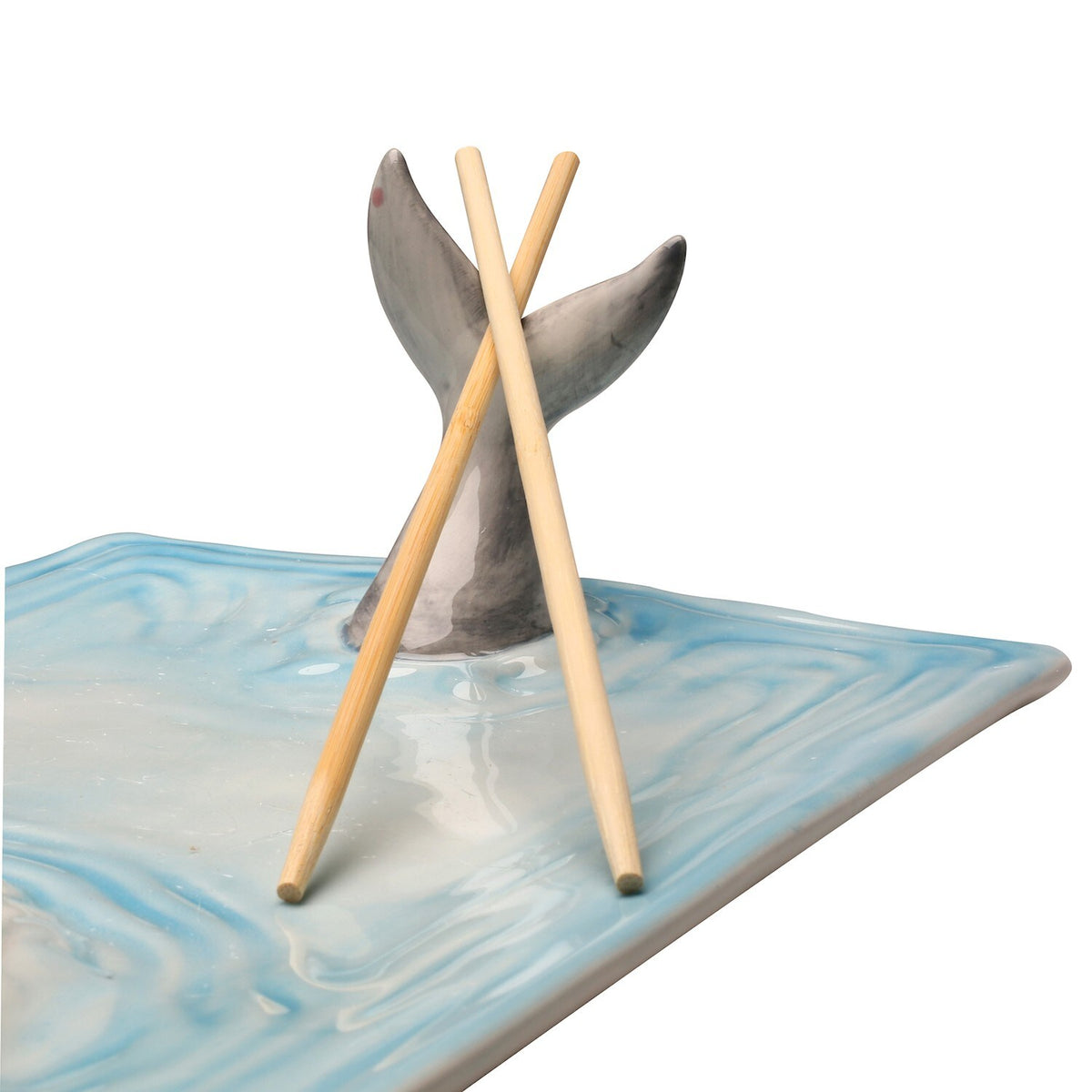 Shark Attack Sushi Plate, Hand-Painted Ceramic Serving Tray with Soy Sauce Holder and Chopsticks Rest D30283