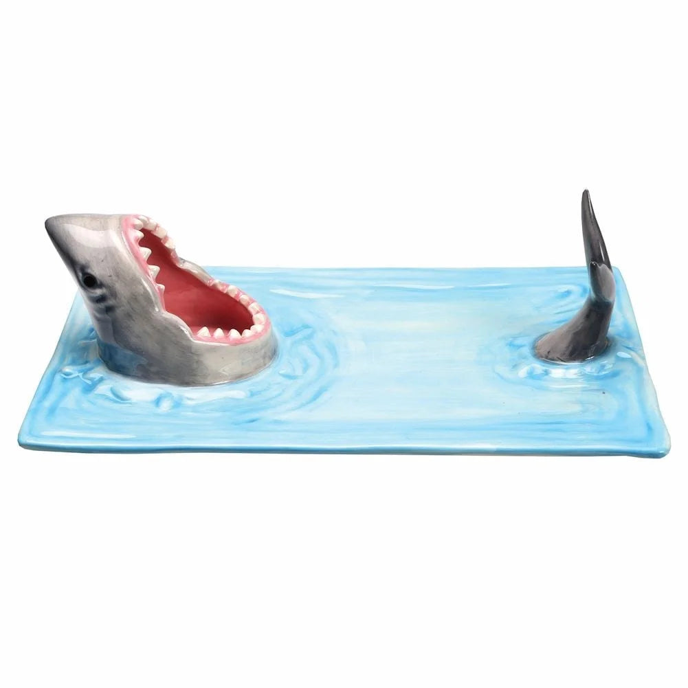 Shark Attack Sushi Plate, Hand-Painted Ceramic Serving Tray with Soy Sauce Holder and Chopsticks Rest D30283