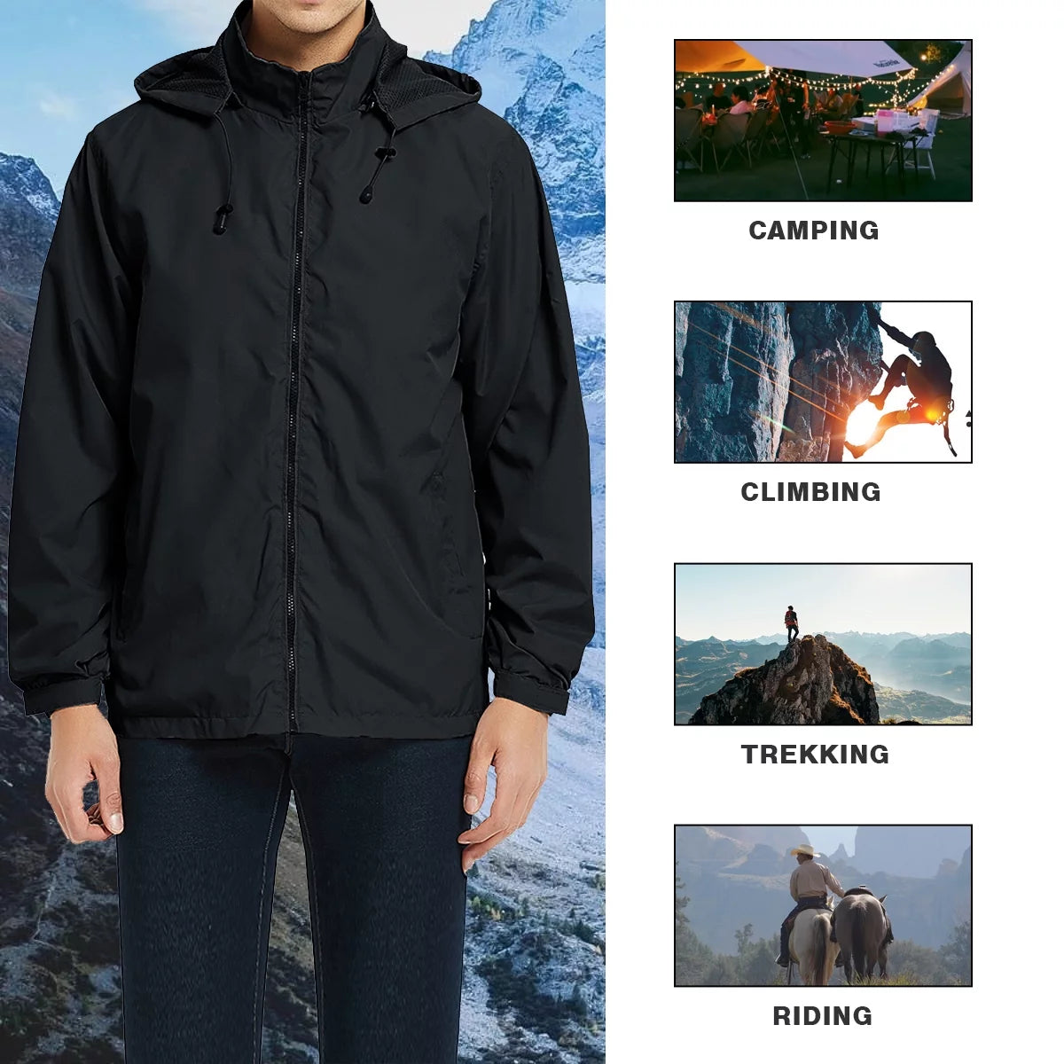 Lightweight Waterproof Hooded Rain Jacket Black XL X3958