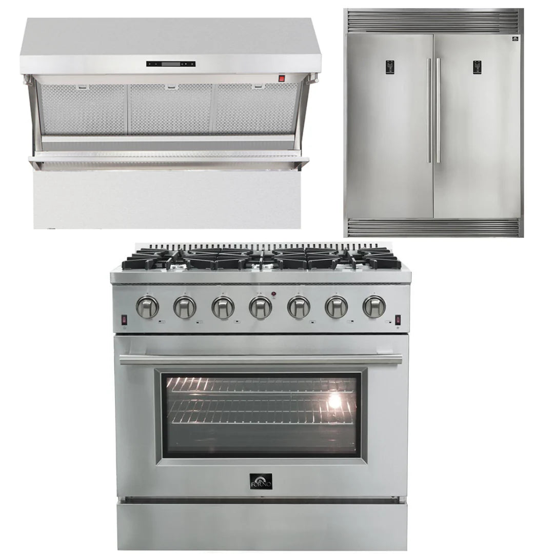 36 Inch Gas Range, Wall Mount Range Hood, 60 Inch Refrigerator T95358