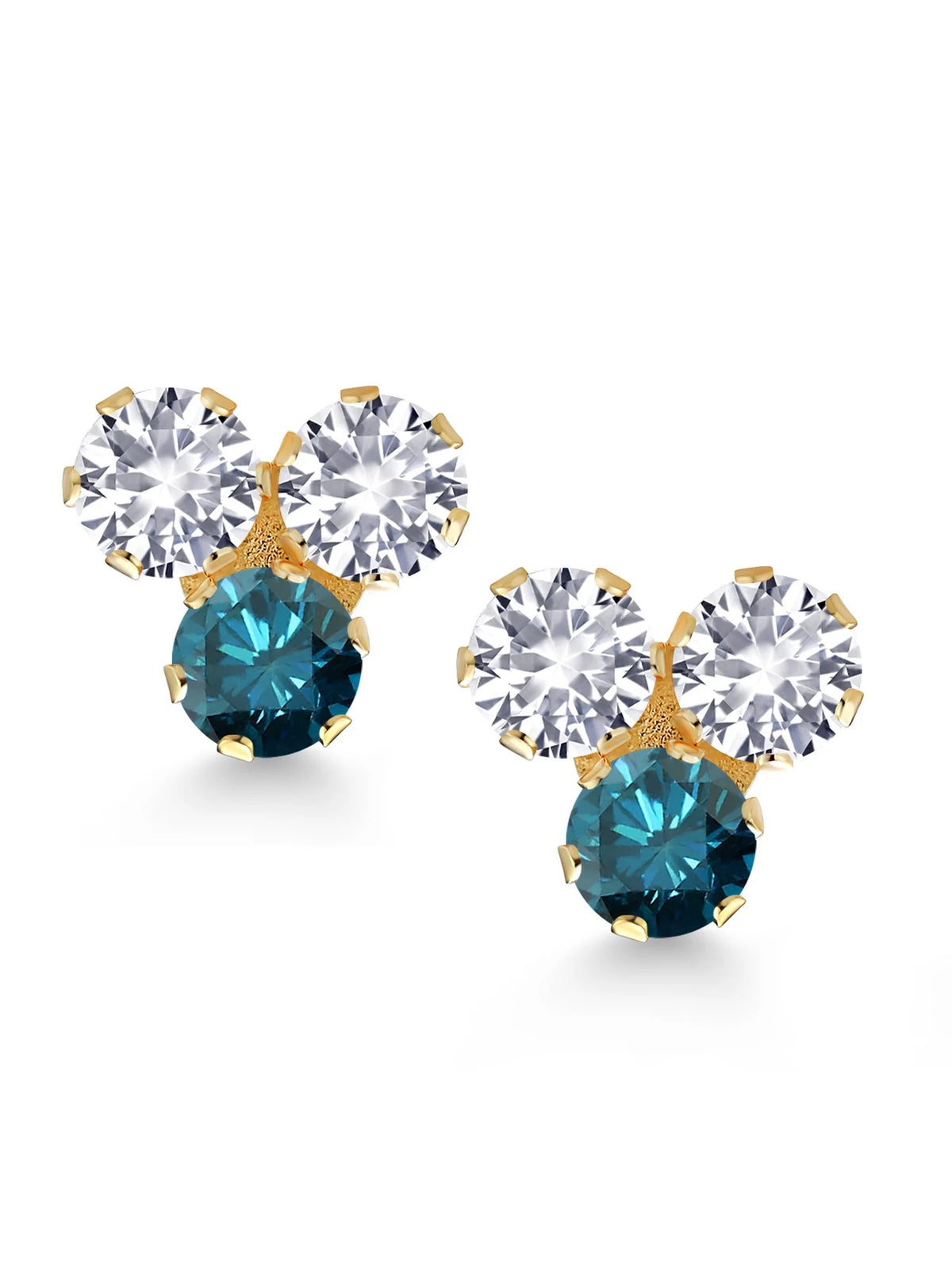 14K Yellow Gold White Created Sapphire and Blue Diamond Three Stone Stud Earrings W209170