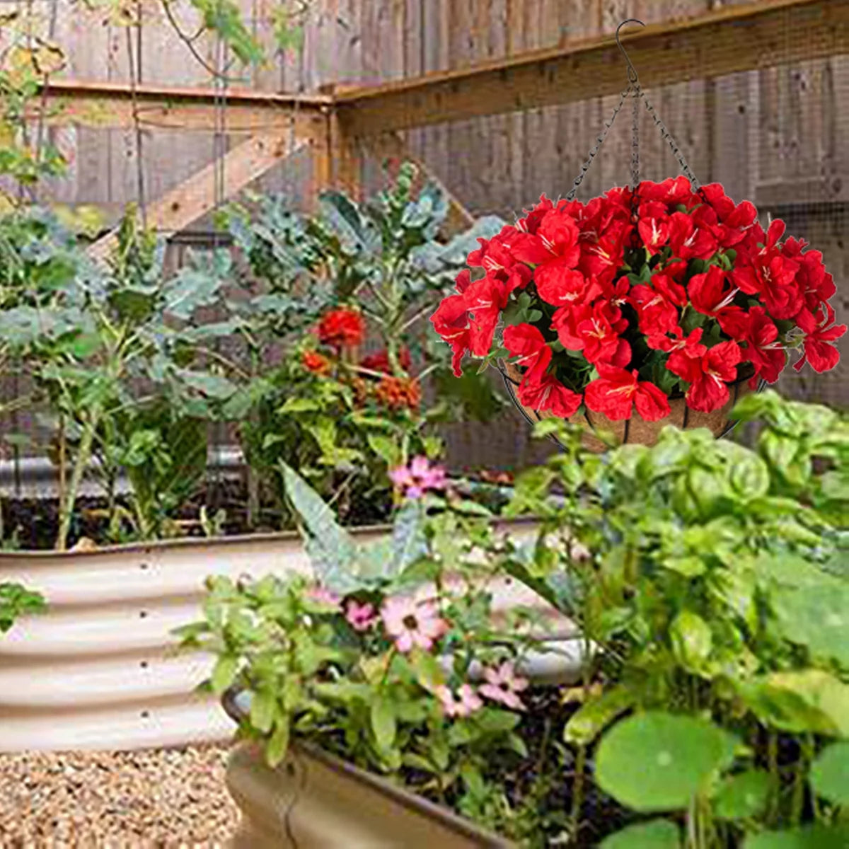 Artificial Flowers Hanging Basket Silk Azalea in Basket (red) D647