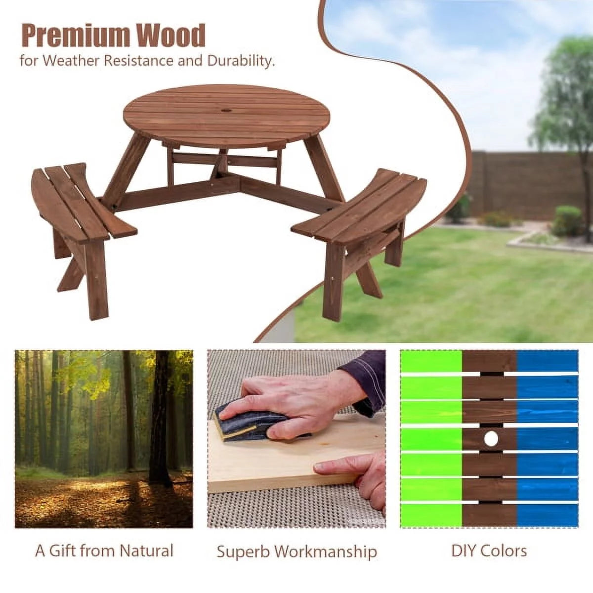 6-Person Circular Wooden Picnic Table with 3 Built-in Benches H5022