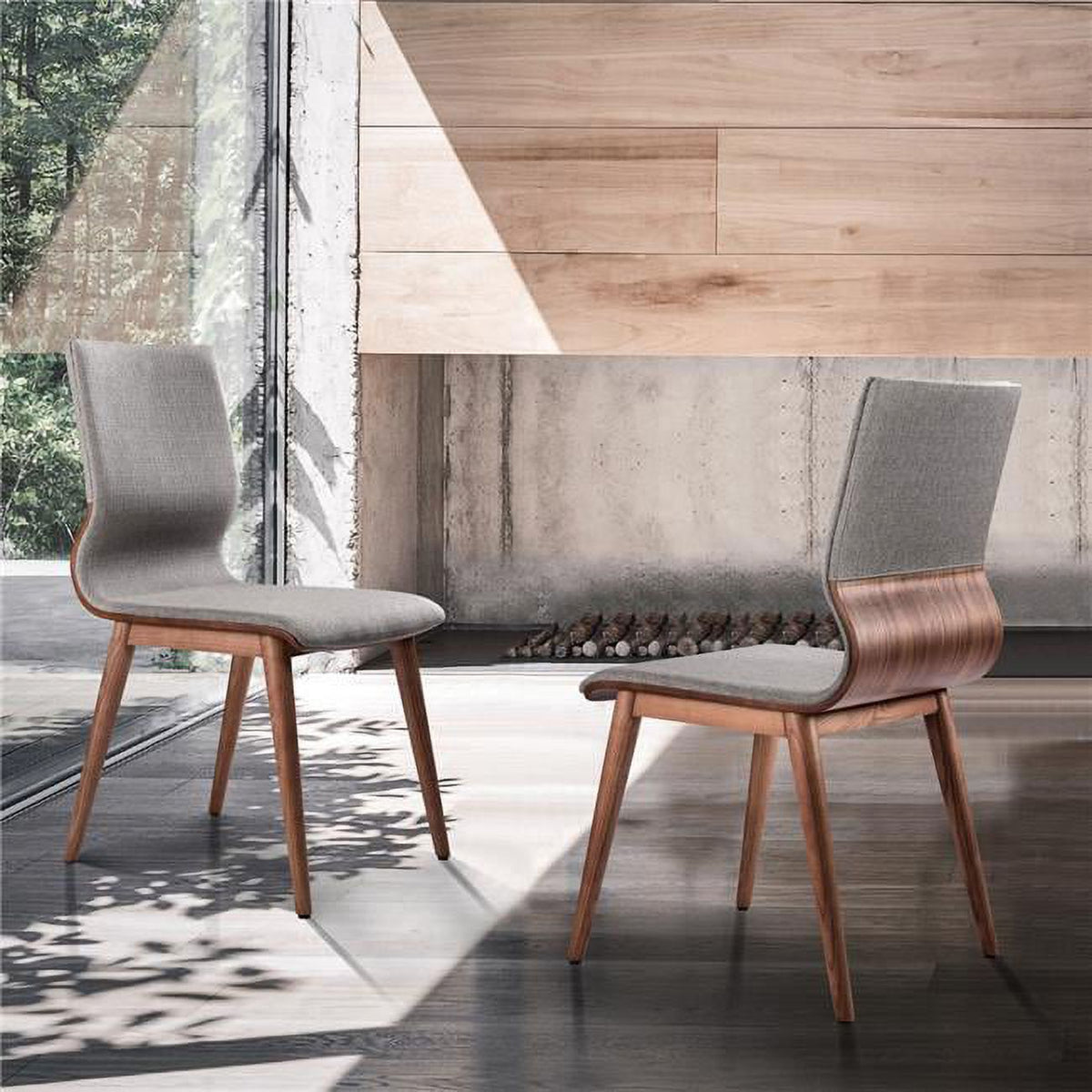 Mid-Century Dining Chair in Walnut Finish & Gray Fabric - Set of 2 M27474