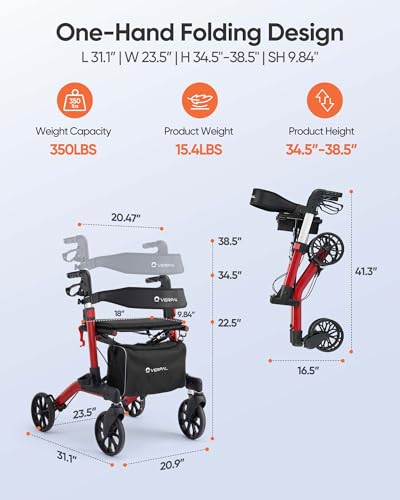 Red Foldable Aluminum Rollator Walker with Seat F599312
