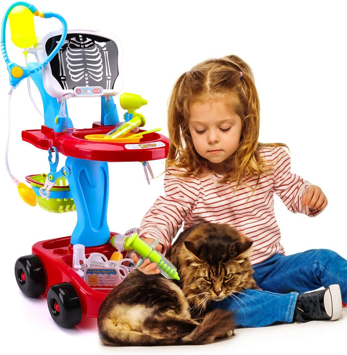 Doctor Cart Kit with Stethoscope Doctor Coat Light X-Ray Double-Decker Trolley Dress Up Doctor Costume Playset Toys P620907