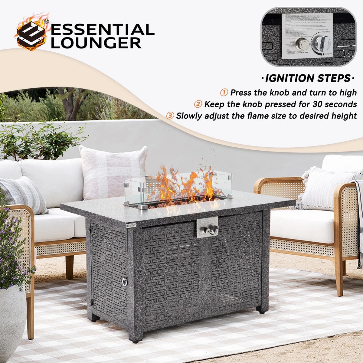 42 inch 50,000 BTU Rectangle Propane Gas Fire Pit Table with Lid, Glass Wind Guard, Waterproof Cover, Lava Rocks - Steel Z32122