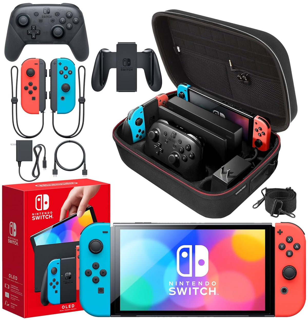 Nintendo Switch OLED Model with Neon Red/Blue Joy-Con and Pro Controller W133