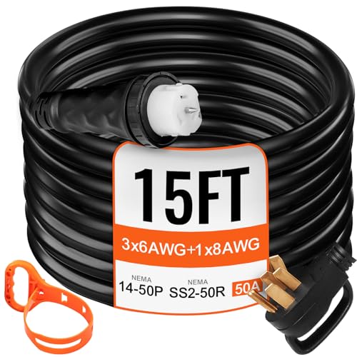 15 FT 50 Amp Generator Extension Cord NEMA 14-50P to SS2-50R & CS6364, STW 6/3+8/1 AWG 125/250V Generator Power Cord Twist Lock Connectors E892907