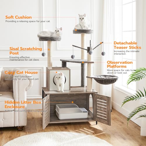 Greige Wooden Cat Tree with Litter Box Enclosure, 27.6" L x 18.9" W x 52" H Y238288